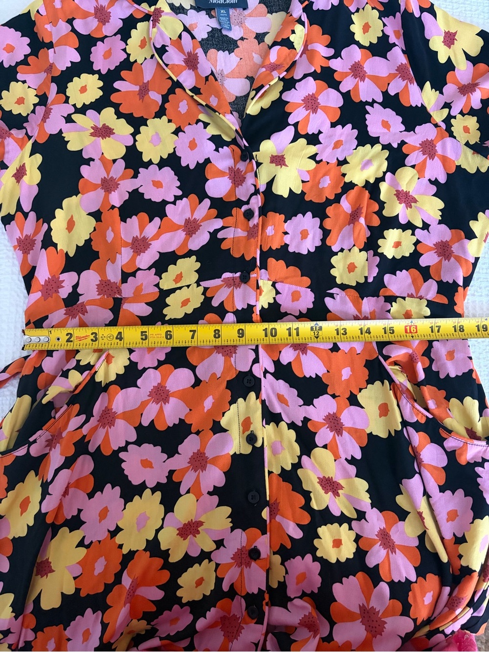 ModCloth Retro Black Midi Dress with Pink, Orange & Yellow Floral Print - XL - Picture 8 of 11